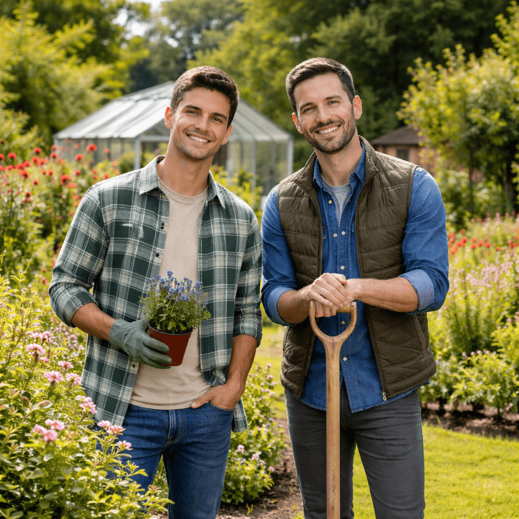 Alex and his brother standing together in a garden